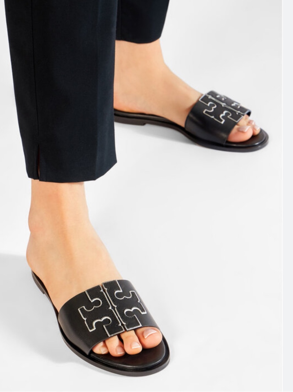 Tory Burch Ines Black Leather Silver Double T Logo Slide 9 - Dustbag & Box